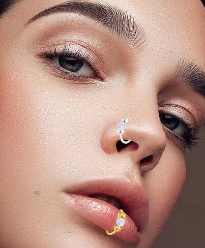 Fake Nose Ring Hoops Opal Fake Septum Nose Piercing Jewelry 20G Clip On Surgical Steel Faux Nose Rings for Women Men Non Pierce Lip Ear Cartilage Helix Rings No Piercing Body Jewelry in Saudi Arabia