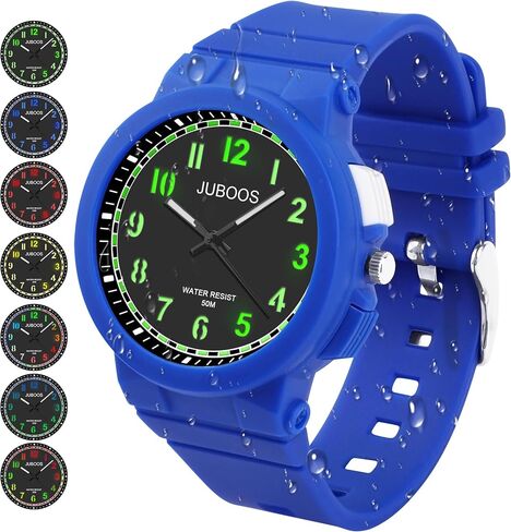 Juboos Kid's Analog Watch for Boys and Girls, 5ATM/50M Waterproof Quartz Children's Watch with 7 Colorful LED Light, Outdoor Sports Watch Suitable for Teenagers Aged 7-16 (Dark Blue) in Saudi Arabia