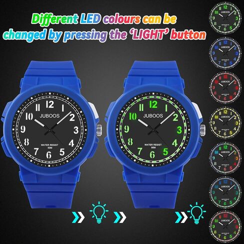 Juboos Kid's Analog Watch for Boys and Girls, 5ATM/50M Waterproof Quartz Children's Watch with 7 Colorful LED Light, Outdoor Sports Watch Suitable for Teenagers Aged 7-16 (Dark Blue) in Saudi Arabia