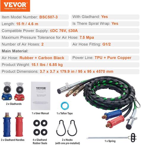 VEVOR 12FT Semi Truck Air Lines Kit with 2PCS Glad Hands, 3-in-1 Air Hoses & 7 Way ABS Electric Power Line, with 2PCS Gladhand Handles, 4PCS Seals and Tender Spring Kit for Semi Truck Trailer Tractor in Saudi Arabia