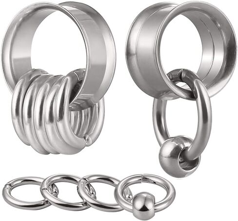 2 Pcs Ear Plugs Tunnels with 10 Pcs Stacked Rings and 2 Pcs Beads Stainless Steel Ear Gauges, Size 2g - 1 inch Surgical Steel Ear Stretcher Expander Body Jewelry in Kuwait