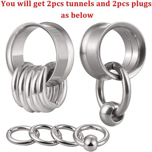 2 Pcs Ear Plugs Tunnels with 10 Pcs Stacked Rings and 2 Pcs Beads Stainless Steel Ear Gauges, Size 2g - 1 inch Surgical Steel Ear Stretcher Expander Body Jewelry in Kuwait