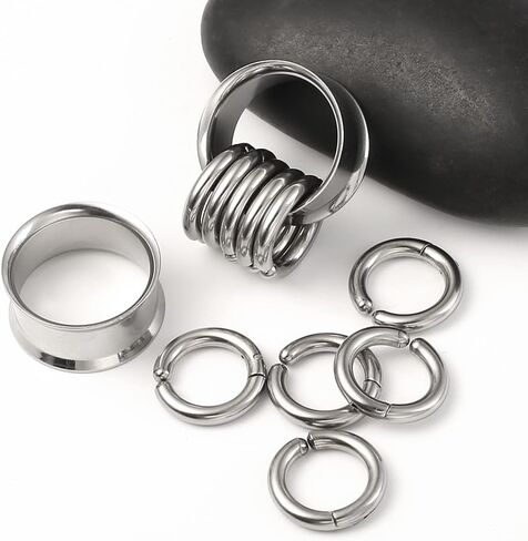 2 Pcs Ear Plugs Tunnels with 10 Pcs Stacked Rings and 2 Pcs Beads Stainless Steel Ear Gauges, Size 2g - 1 inch Surgical Steel Ear Stretcher Expander Body Jewelry in Kuwait