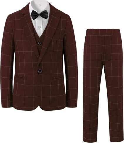 Boys Plaid Suit 5 Piece Formal Outfits Slim Fit Dress Clothes Kids Tuxedo Blazer Shirt Vest Pants Bow Tie in Saudi Arabia