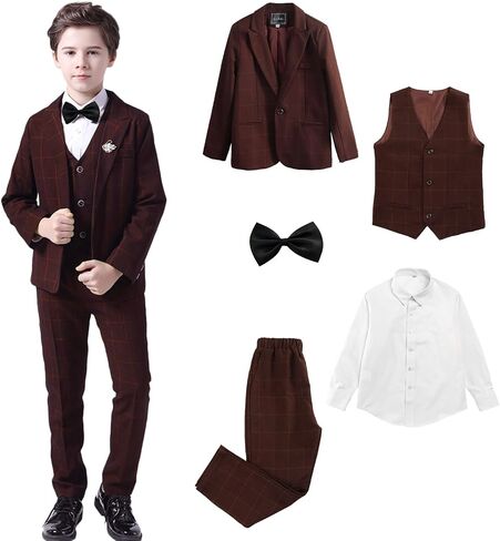 Boys Plaid Suit 5 Piece Formal Outfits Slim Fit Dress Clothes Kids Tuxedo Blazer Shirt Vest Pants Bow Tie in Saudi Arabia