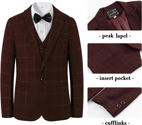 Boys Plaid Suit 5 Piece Formal Outfits Slim Fit Dress Clothes Kids Tuxedo Blazer Shirt Vest Pants Bow Tie in Saudi Arabia