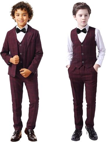 Boys Plaid Suit 5 Piece Formal Outfits Slim Fit Dress Clothes Kids Tuxedo Blazer Shirt Vest Pants Bow Tie in Saudi Arabia