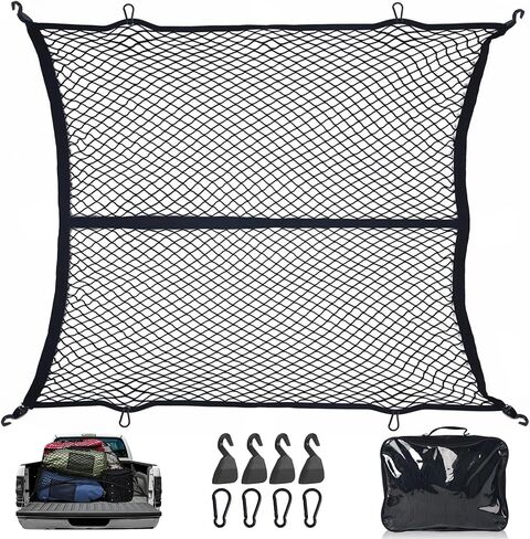 Cargo Net for Pickup Truck Bed,Truck Bed Net,Stretchable Mesh Organizer for Pickup Trunk Bed,Truck Cargo Net with 6 Pcs Metal Carabiner Clips and 6 Hooks，Suitable for Daily Light Loads of Trucks SUV in Saudi Arabia