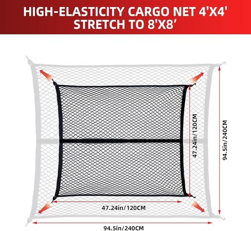 Cargo Net for Pickup Truck Bed,Truck Bed Net,Stretchable Mesh Organizer for Pickup Trunk Bed,Truck Cargo Net with 6 Pcs Metal Carabiner Clips and 6 Hooks，Suitable for Daily Light Loads of Trucks SUV in Saudi Arabia