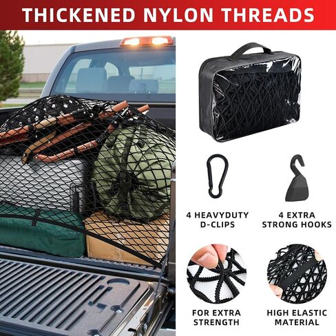 Cargo Net for Pickup Truck Bed,Truck Bed Net,Stretchable Mesh Organizer for Pickup Trunk Bed,Truck Cargo Net with 6 Pcs Metal Carabiner Clips and 6 Hooks，Suitable for Daily Light Loads of Trucks SUV in Saudi Arabia