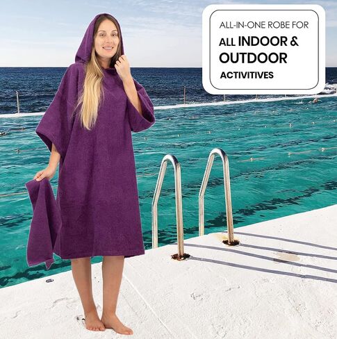 Allen & Mate Adult Changing Robe - Quick Dry 100% Terry Cotton Beach Poncho Towel with Hood & Pockets - Ideal for Men & Women in Saudi Arabia