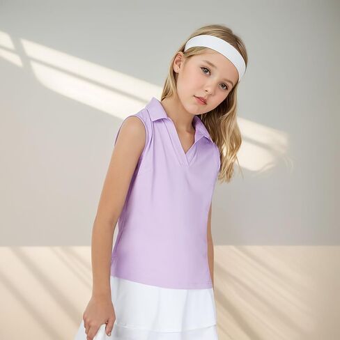 Girls Sleeveless Polo Shirts Quick Dry V-Neck Golf Tennis Workout Athletic Shirts in Saudi Arabia