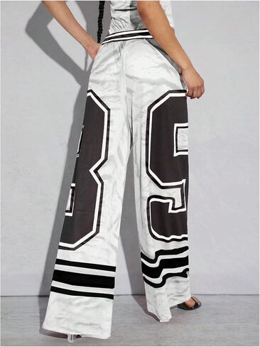 GORGLITTER Women's Striped Wide Leg Graphic Track Pants Elastic High Waist Stretchy Trousers in Saudi Arabia