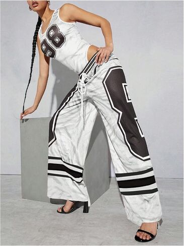 GORGLITTER Women's Striped Wide Leg Graphic Track Pants Elastic High Waist Stretchy Trousers in Saudi Arabia