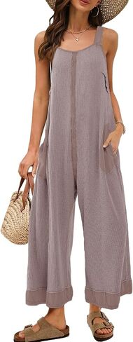 Panadila Womens Open Back Wide Leg Jumpsuits Sleeveless Waffle Knit Romper Loose Fit Overalls with Pockets in Saudi Arabia
