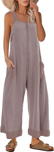Panadila Womens Open Back Wide Leg Jumpsuits Sleeveless Waffle Knit Romper Loose Fit Overalls with Pockets in Saudi Arabia