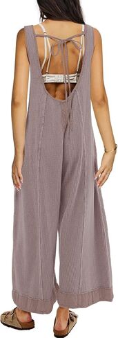 Panadila Womens Open Back Wide Leg Jumpsuits Sleeveless Waffle Knit Romper Loose Fit Overalls with Pockets in Saudi Arabia