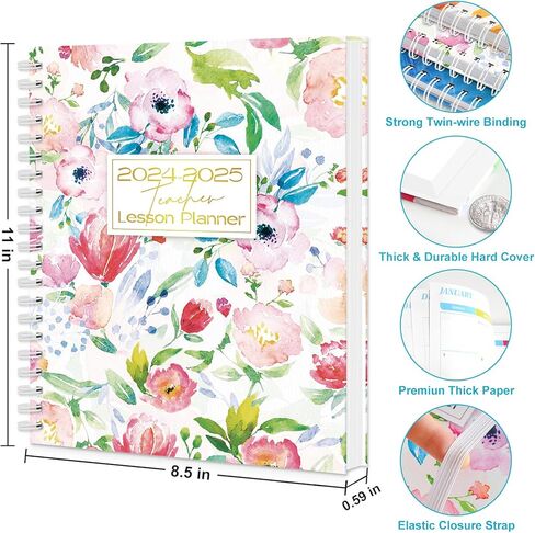 مخطط المعلم للعام الدراسي 2024-2025 - مخطط دروس المعلم الشامل مقاس 8.5 × 11 بوصة مع إغلاق مرن وإشارة مرجعية وملصقات مخططة، لجدول الفصل الدراسي اليومي والأسبوعي والشهري in Kuwait