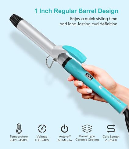 Terviiix Clamp Curling Iron 1 Inch, Tourmaline Ceramic Curling Irons Produces Defined Curls for Medium and Long Hair, LCD Digital Display with 12 Heat Setting (250°F to 450°F for All Hair Types), 1'' in Saudi Arabia