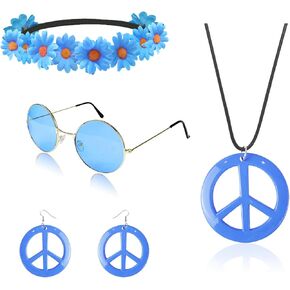 Hippie Costume Set Includes Peace Sign Necklace & Earring, Flower Crown Headband and Sunglasses 60s 70s Party Accessories in Kuwait