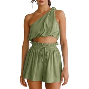 Imily Bela Womens 2 Piece Outfits Linen Matching Sets Two Piece Crop Tops and Paper Bag Waist Shorts Sets 2025 Summer Outfits