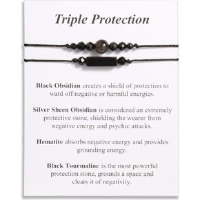 Triple Protection Bracelets Negative Energy Blocker, Black Tourmaline and Obsidian Bracelets for Women Men, Gifts for Him Her