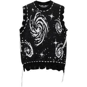 GORGLITTER Men's Graphic Pattern Distressed Raw Trim Sweater Vest Sleeveless Crewneck Knit Top