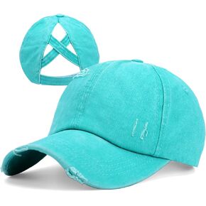 Criss Cross Ponytail Hat Women Washed Distressed Baseball Caps Adjustable High Messy Bun Ponycap
