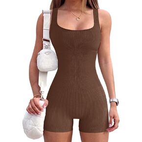 HOPYOP Women's Yoga Rompers Ribeed Workout Square Neck Tank Tops Sleeveless Exercise Rompe