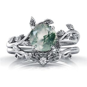 Natural Moss Agate Ring 925 Sterling Silver Moss Agate Ring Set Promise Ring Engagement Wedding Jewelry Gift for Women #6