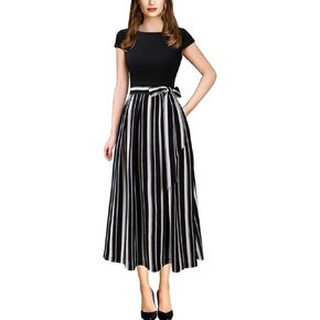VFSHOW Womens Elegant Patchwork Pockets Belted Pleated Work Office Business Casual Party A-Line Midi Dress