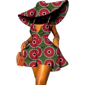 African Dresses for Women Suspenders Traditional Ankara Kente Print with Hat Sexy for Party