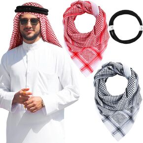 Arab Shemagh with Aqel Rope Muslim Kafiya Keffiyeh Middle Eastern Head Wrap Tactical Desert Head Neck Scarf Wrap Middle Eastern Scarf Headwear Arabic Costume for Men, 55 x 55 Inch, 2 Patterns
