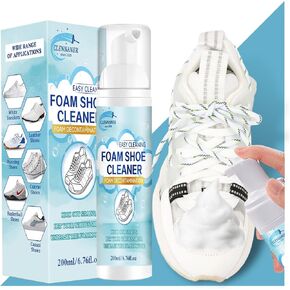 Shoe Cleaning Kit, 6.76 Oz White Shoe Cleaner Removes Dirt and Stain, Shoe Cleaner Sneakers Kit with Brush and Towel, Shoe Cleaner Work on White Shoes, Leather, Knit, Boots, Canvas, Suede, PU, Fabric.