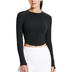 BALEAF Womens Long Sleeve Workout Tops Athletic Crop Top Running Slim Fit Gym Yoga Shirts Black S