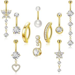 10pcs 14k Gold Plated 14G Belly Button Rings for Women Surgical Steel Dangle Belly Rings CZ Clicker Belly Button Rings Hypoallergenic Heart Flower Butterfly Navel Piercing Jewelry