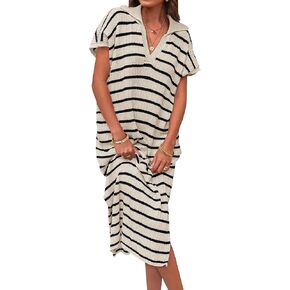 ZESICA Women's Summer Striped Maxi Dress 2024 Casual Short Sleeve V Neck Loose Knitted Side Slit Long Sweater Dresses
