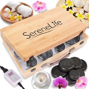 Massage Stone Heater Box Set-Electric Spa Portable Heated Rocks Massage Stones and Warmer Set - Heat Rock Massaging Kit 12 Large/Small Black Stone Set w/Bamboo Heating Case-SereneLife PSLMSGST65.5