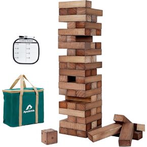 ApudArmis 54 PCS Tumble Timber Set Stack to 3FT, Pine Wooden Tumble Tower Game with Dice and Scoreboard Set - Classic Block Stacking Board Game for Teens Children Teenagers (Brown)