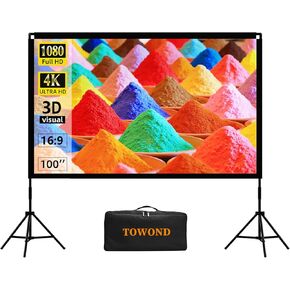 Projector Screen and Stand, Towond 100 inch Portable Movie Screen Indoor Outdoor 16:9 4K HD Front Rear Projection Screen with Carry Bag Wrinkle-Free and Foldable Design for Backyard Movie Night