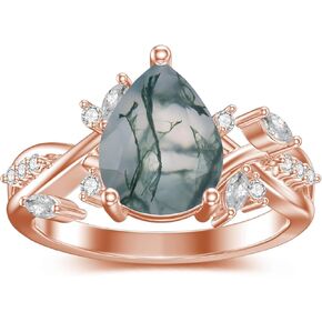 VONALA Moss Agate Ring 925 Sterling Silver Teardrop Green Agate Leaf Ring Promise Ring Wedding Jewelry Gift for Women Wife