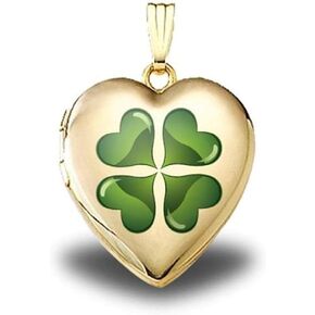 PicturesOnGold.com Solid 14K Yellow Gold Green Four Leaf Clover Sweetheart Locket 3/4 Inch X 3/4 Inch in Solid 14K Yellow Gold