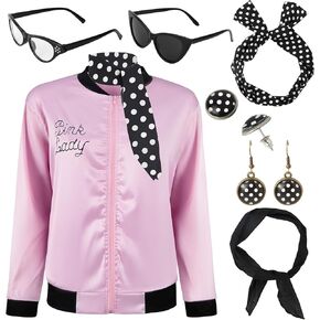THDZS 50s Pink Ladies Jacket Grease with Neck Scarfs Halloween Cosplay Costume