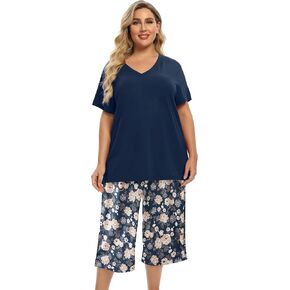 Vozanet Women's V Neck Sexy Pajamas Capri Sets Mexican Style Floral Sleepwear 2PCS Totem Casual Nighty Plus Size M to 5XL