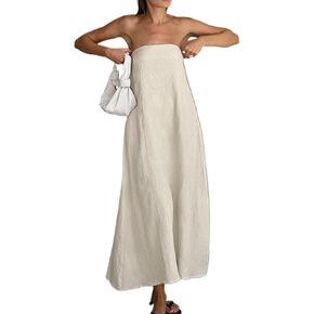 Sexy Bustier Maxi Dresses for Women – Elegant Casual Cotton Linen A-Line Strapless Dress for Vacation and Going Out