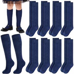 9 Pairs Navy Blue Knee High Socks Girls Uniform School Socks Cotton Cable Blue Dress Socks for Kids Toddler