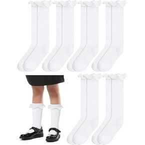 6 Pairs White Ruffle Socks for Girls Frilly Uniform Socks Cotton School Dress Knee High Socks for Toddler Girls