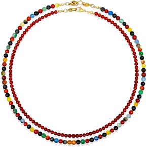 Double Gemstone Beaded Necklaces for Women,Layered Colorful Agate Choker + Red Onyx Beads Chain Necklace Pack for Teens