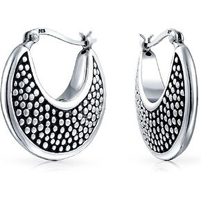 Boho Western Tribal Style Onyx Turquoise Lapis Lazuli Gemstone Round Half Crescent Hoop Earrings For Women Caviar Bead Milgrain Oxidized .925 Sterling Silver