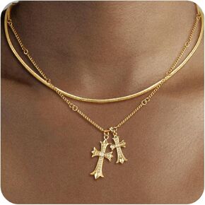 Cross Necklace 14K Gold Plated Layered Double Cross Pendant Necklace Dainty Diamond Cross Charm Link Chain Stackable Stack Choker Delicate Faith Jewelry Religious